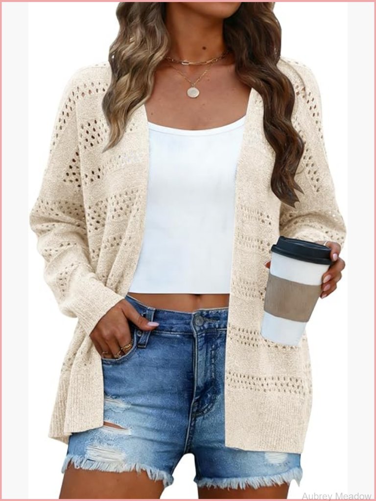 Lightweight Crochet Cardigan Open Front Long Sleeve